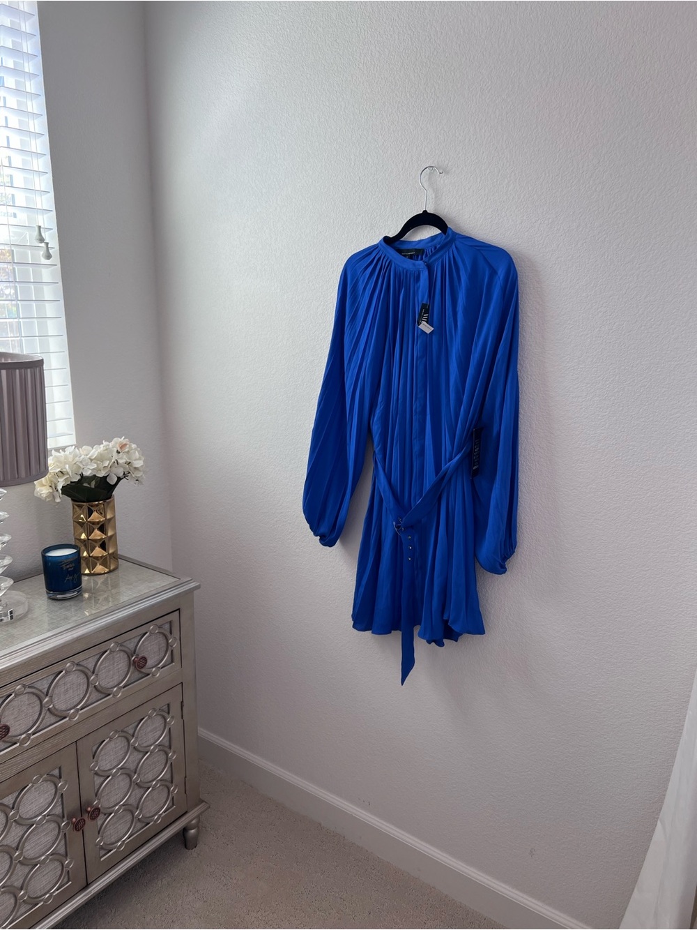 WHBM Royal Blue Long-Sleeve Pleated mini dress